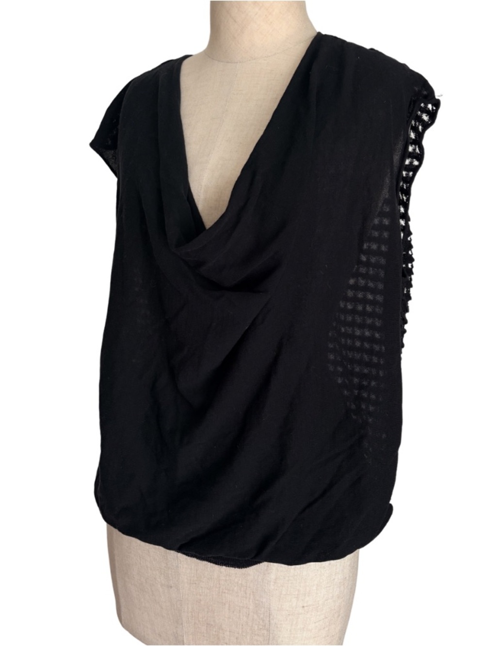 Eileen Fisher Black Cotton Mesh Cowl Neck Sleeveless Top Italian Yarn L Draped